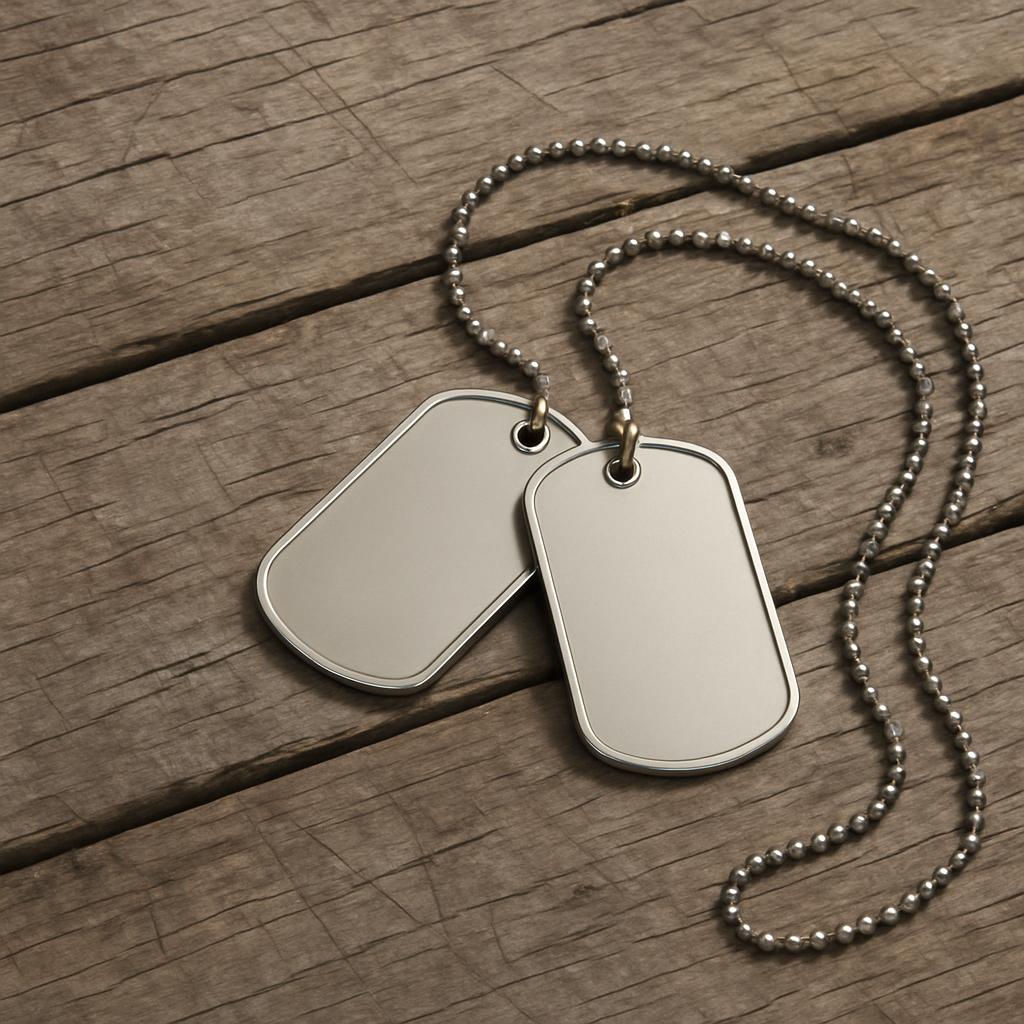A pair of dog tags on a beaded chain, possibly representing a military or governmental affiliation.