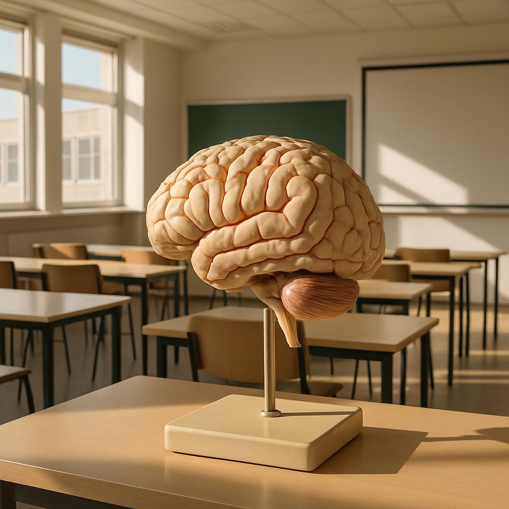 Creative and visually striking photograph of a single brain model placed pertinently on a desk in a classroom with rows of...